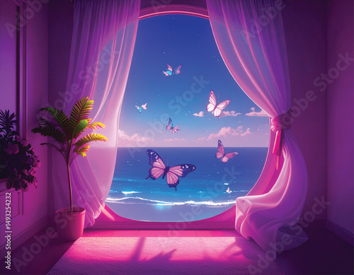Adobe IlluSummer holiday and vacations in cartoon style.  An open window with butterflies against the backdrop of a sunny summer tropical landscape.strator Artwork