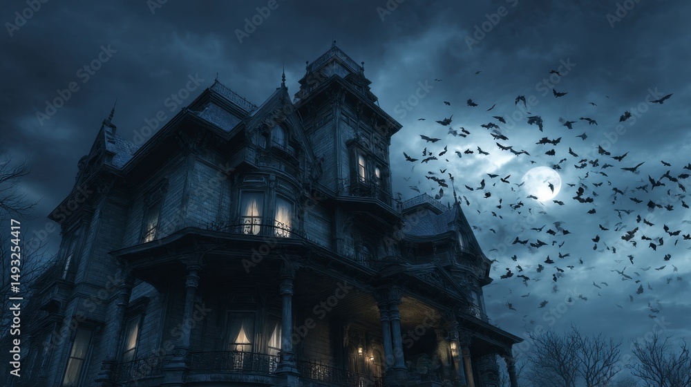 Fototapeta premium Eerie Haunted House Night Scene