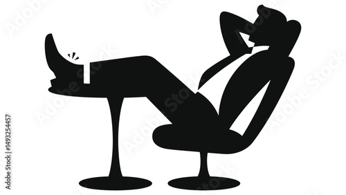 Vector Silhouette of Relaxed Businessman with Foot Injury in Modern Chair/A black and white silhouette illustration of a businessman relaxing in a modern chair, with his foot positioned in a way that 
