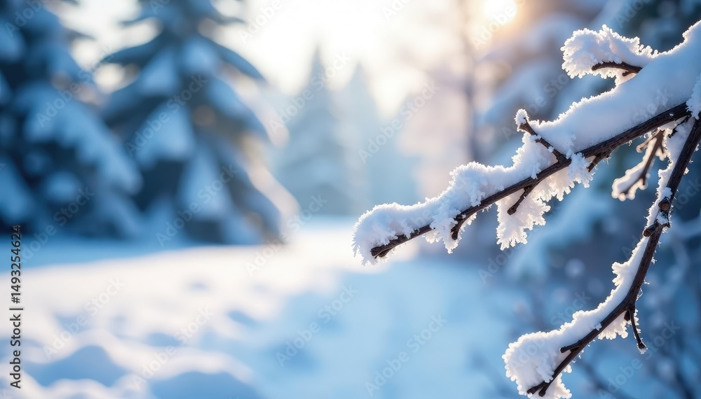 Obraz premium Snowy landscape with branches in the foreground, frosted trees, branch