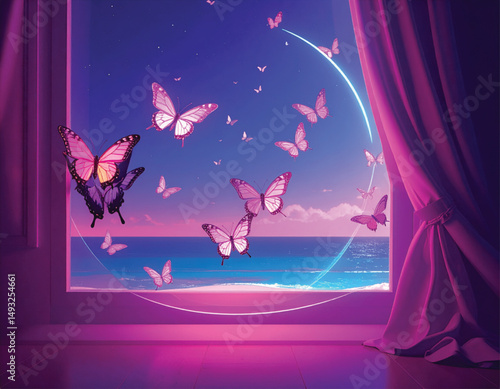 Adobe IlluSummer holiday and vacations in cartoon style.  An open window with butterflies against the backdrop of a sunny summer tropical landscape.strator Artwork