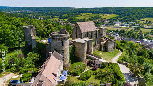 Aerial view of the Château de la Madeleine (Madeleine Castle) overlooking the village of Chevreuse in the French department of Yvelines in the capital region of Ile-de-France near Paris