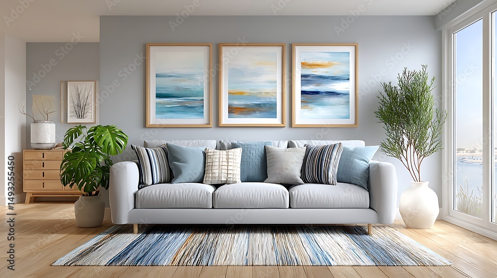 Fototapeta premium Minimalist Studio with Watercolor Art and Light Gray Sofa in Modern Interior Design
