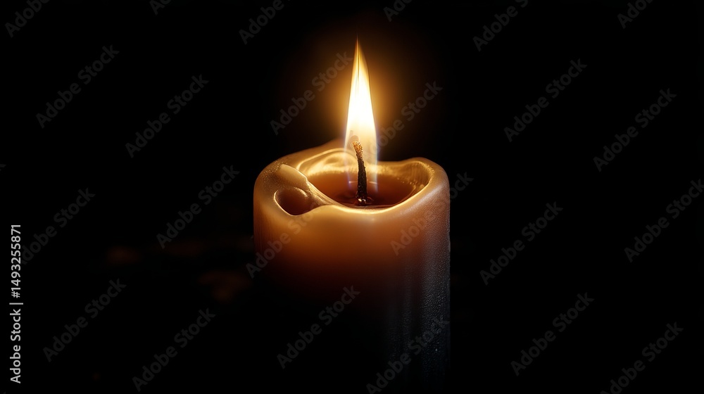 Single candle burning with soft warm glow and realistic flame on black background, close-up view with dramatic lighting and deep shadows, minimalistic and atmospheric poetic mood. Single candle burning with soft warm glow and realistic flame on black background, close-up view with dramatic lighting and deep shadows, minimalistic and atmospheric poetic mood.