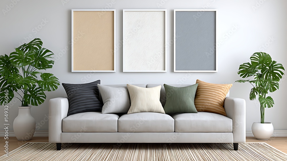 Fototapeta premium Elegant Gray Sofa in Contemporary Living Room with Watercolor Art and Green Plants