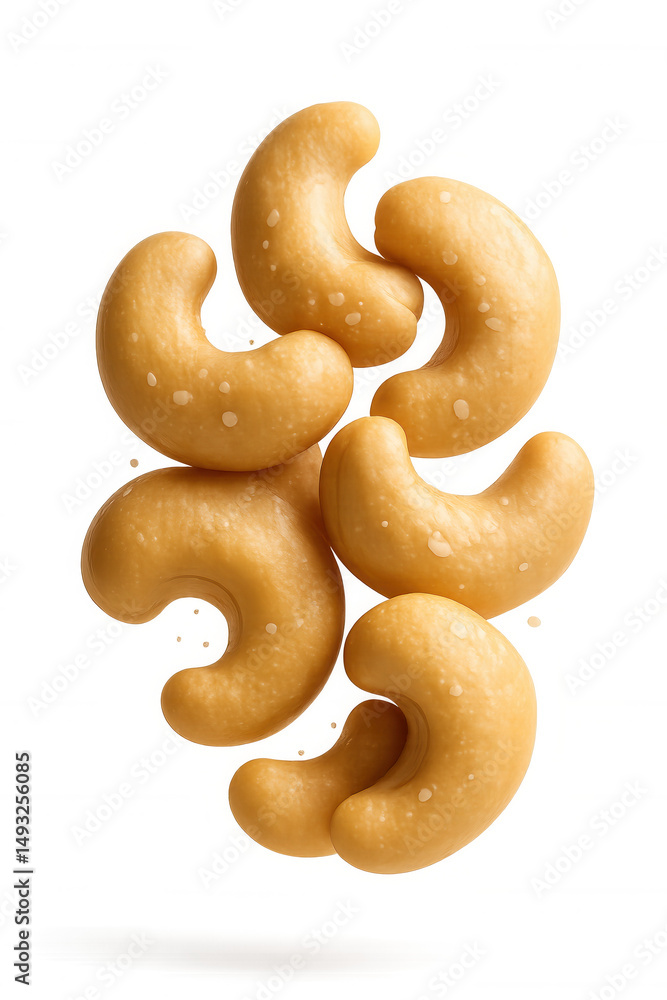 Several glossy cashew nuts with a smooth texture clustered together on transparent background. Several glossy cashew nuts with a smooth texture clustered together on transparent background.