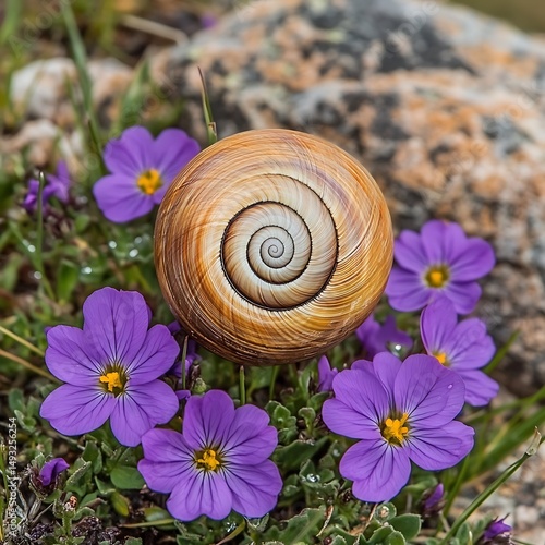Close up of a snail shell amidst vibrant purple wildflowers A stunning nature scene showcasing intricate details