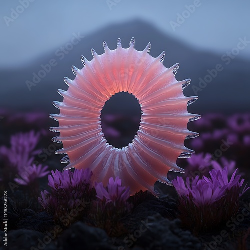 Glowing Organic Ring Sculpture in Purple Flower Field at Dusk