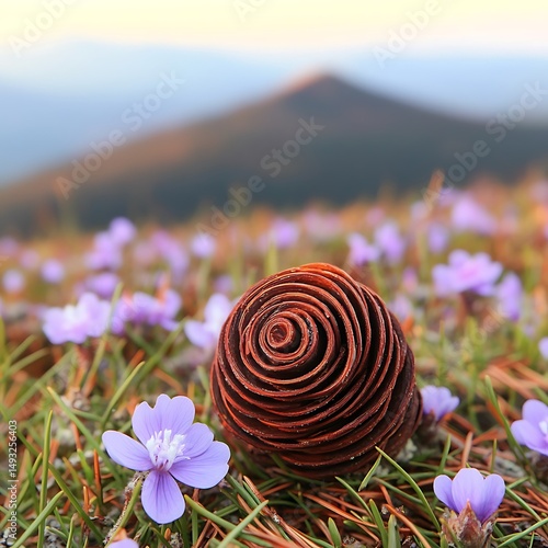 Nature's Spiral A Unique Pine Cone Amidst Blooming Wildflowers in a Mountain Meadow
