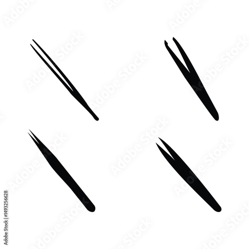 Tweezers Silhouette Icon Set for Eyelash Extension with Straight and Curved Designs Vector Illustration on White Background