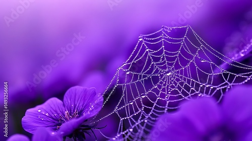 Dew Kissed Spiderweb on Purple Flowers A Stunning Nature Macro Photograph