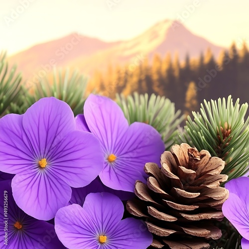 Vibrant Purple Flowers Pine Cone Mountain Background Peaceful Nature Scene