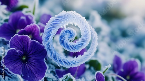 Frozen Spiral Ice Crystal on Purple Pansies Winter Frost Nature Macro
