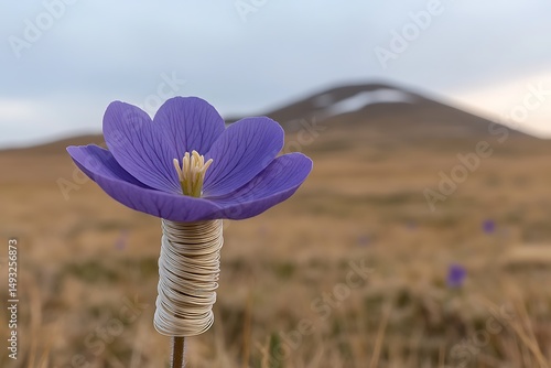 Purple Flower Wrapped in Silver Wire in a Mountain Field A Close up Shot of Nature's Beauty