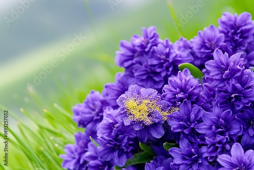 Vibrant Purple Flowers Blooming in Lush Green Grass Springtime Nature
