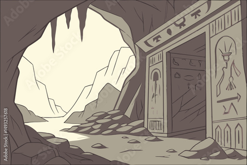 Forgotten cavern with ancient carvings vector illustration