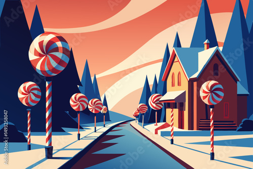 Candy cane lane with lollipop trees vector illustration