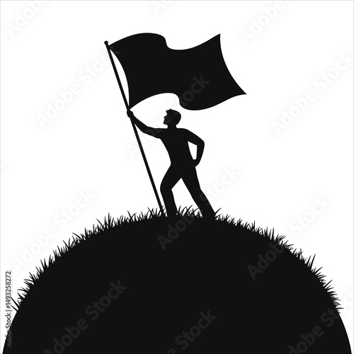 Determined Vector Silhouette of a Person Holding a Black Flag on a Hill/A strong, confident silhouette of a person stands atop a grassy hill, holding a large black flag aloft.