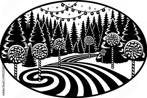 Candy cane lane with lollipop trees vector illustration