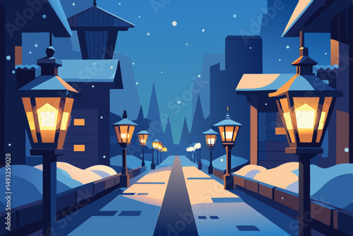 Glowing lanterns on snowy winter streets vector illustration