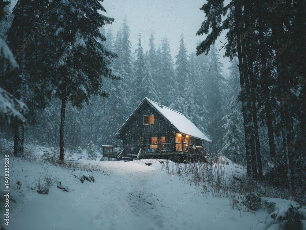 Cozy cabin nestled in a snowy forest, illuminated by warm interior lights. A peaceful winter scene. Cozy cabin nestled in a snowy forest, illuminated by warm interior lights. A peaceful winter scene.