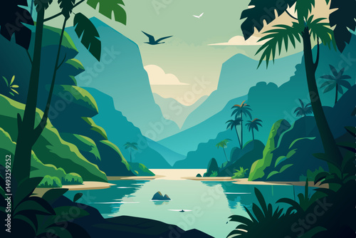 Hidden lagoon surrounded by lush jungle and birds vector illustration