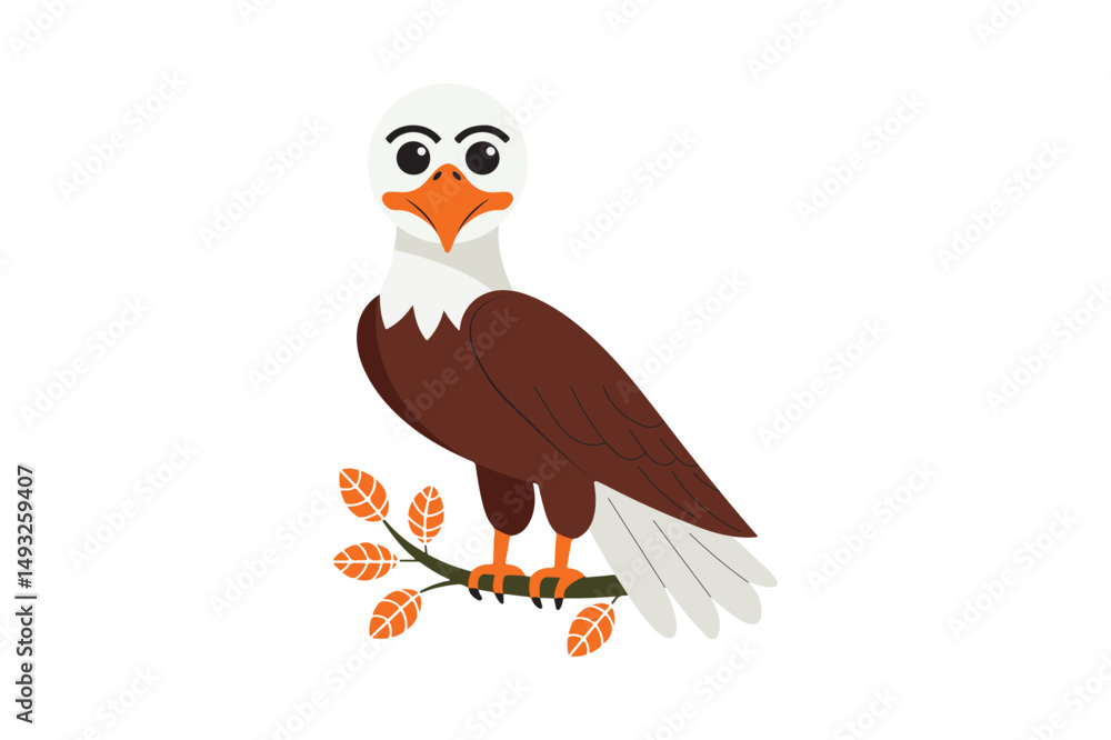 Fototapeta premium Cute Cartoon Eagle Vector Bald Eagle Bird Clipart on Branch for Kids and Educational Designs