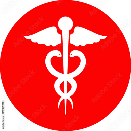 Medical symbol red caduceus with Rod of Asclepius logo icon. Red circle on white background. First aid. Emergency symbol. Vector illustration.