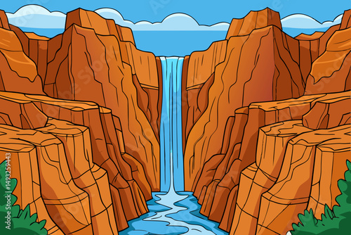Towering waterfall plunging into deep canyon vector illustration