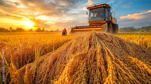 Golden rice harvest at sunset