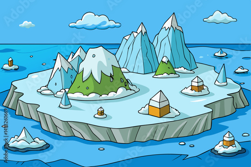 Remote icy archipelago with towering glaciers vector illustration