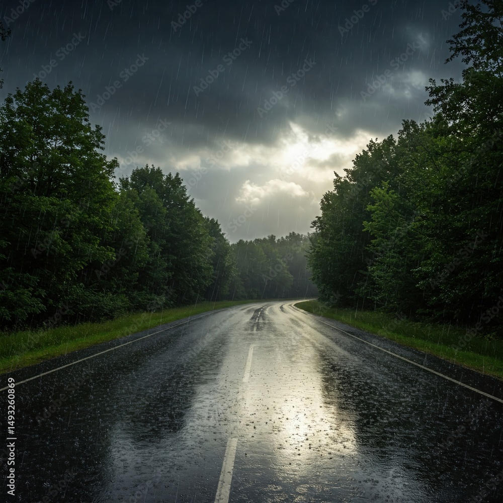 Fototapeta premium Realistic rainy countryside road with dark clouds and reflections rain wallpaper 4k | rain aesthetic wallpaper 4k | rain frog | rain news weather report monsoon