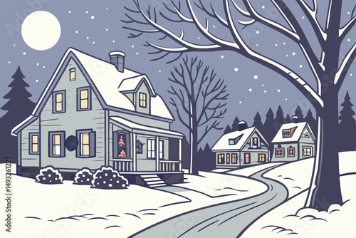 Peaceful snowy night in Christmas village vector illustration