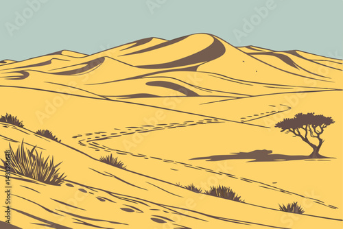 Vast desert with rolling sand dunes under clear sky vector illustration