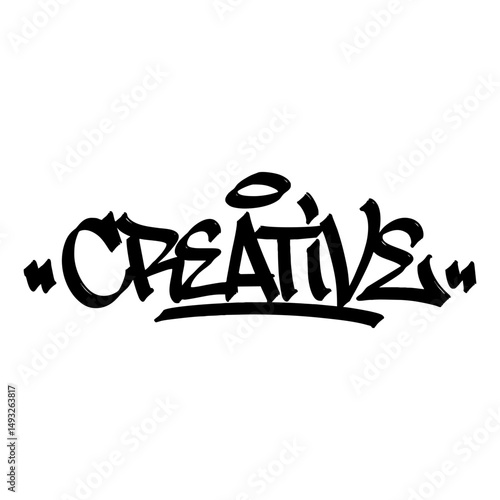 Graffiti tag text "creative" in bold hand-drawn street style with dynamic spray paint texture. Expresses originality and urban flair, perfect for streetwear, posters, merch, and artistic designs.

