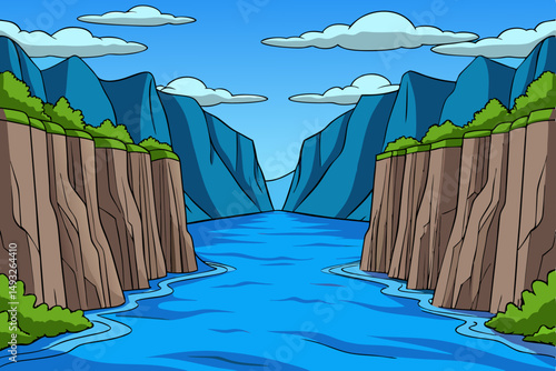 Serene fjord with steep cliffs plunging into water vector illustration