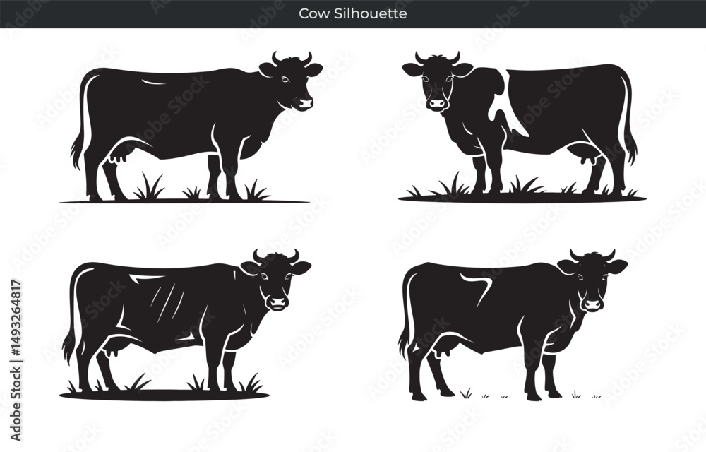 Fototapeta premium Vector illustration of four different black cow silhouettes on a white background