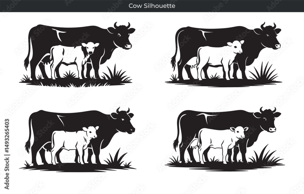 Obraz premium Silhouette illustration of a cow and calf standing in grass for farming and agriculture designs