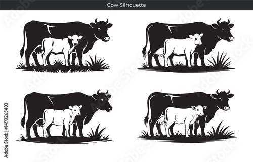 Silhouette illustration of a cow and calf standing in grass for farming and agriculture designs