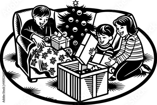 Kids opening Christmas gifts vector cartoon illustration