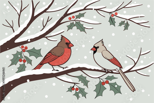 Winter birds on snowy branch with holly vector illustration
