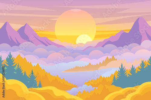 Sunrise over foggy valley with soft golden light vector illustration