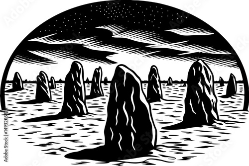 Surreal desert with massive otherworldly rock formations vector illustration