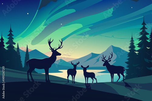Reindeer family under northern lights vector illustration