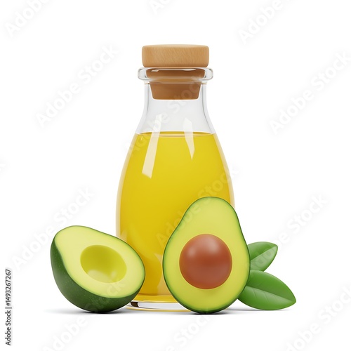3d cute cartoon illustration, a bottle of organic cold pressed avocado oil with a wooden cap and green leaf garnish, soft natural shadow, high definition product shot, advertising quality