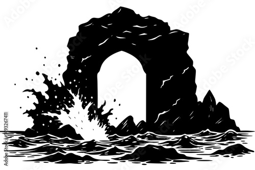 Mysterious stone arch over a crashing seashore vector illustration