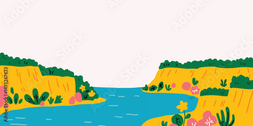 A serene landscape painting that captures a vibrant river winding its way through a picturesque canyon. The artwork's simplicity belies the intricate details and emotional impact.