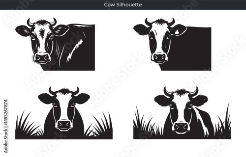 Four black and white cow silhouettes in various poses on a white background