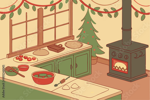 Christmas kitchen scene with baking tools vector illustration