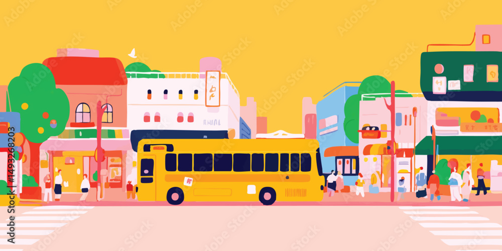 An illustration of school bus and street scene, depicting bustling city life and transportation. An illustration of school bus and street scene, depicting bustling city life and transportation.